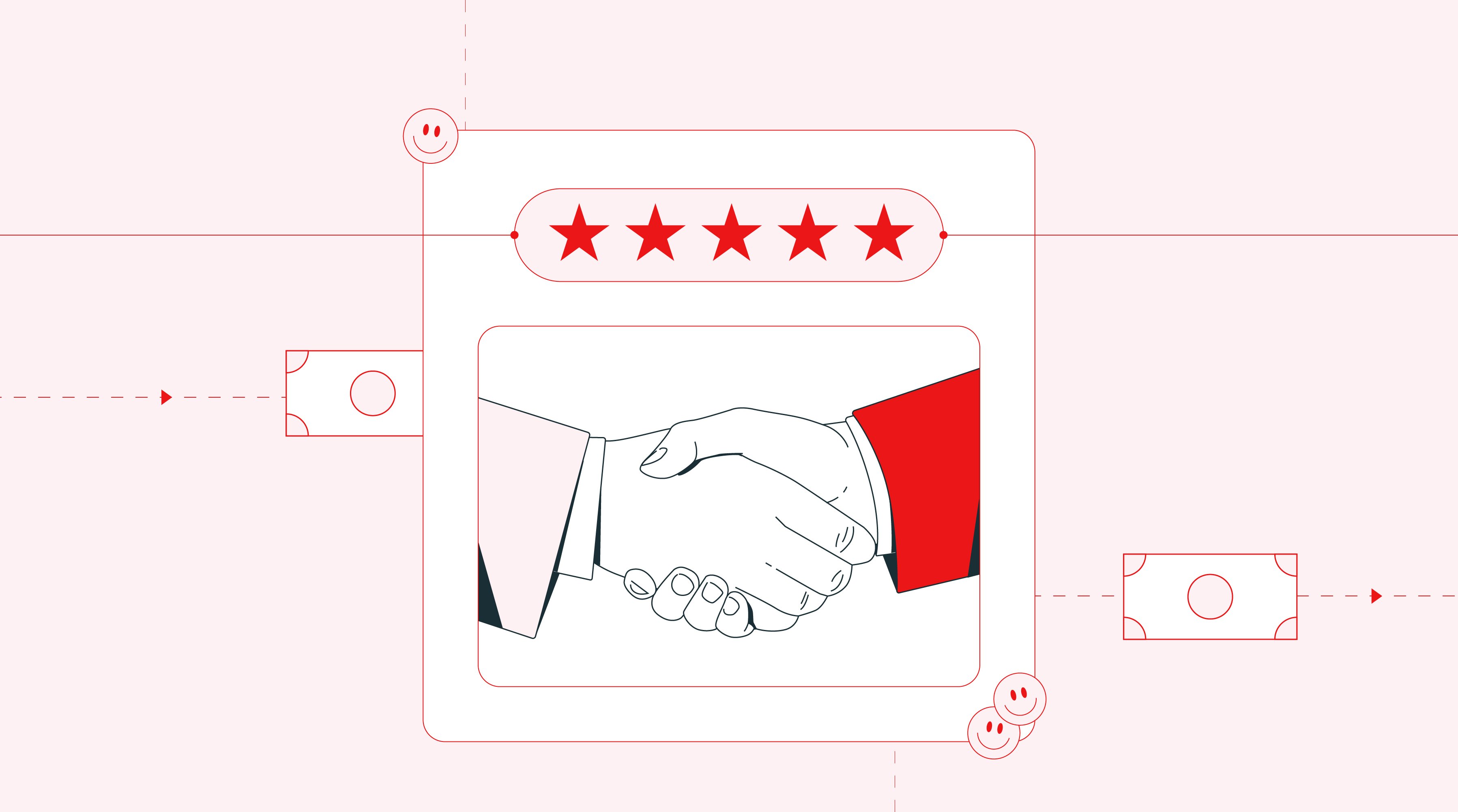 Illustration af a handshake between partners, with give stars and smileys included